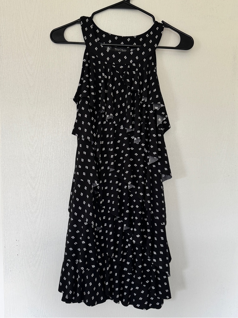 White House Black Market Black Midi Dress with White Diamond Print and Ruffles